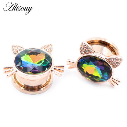 Alisouy 2pcs Stainless Steel Flower Triangle Cone Owl Zircon Star Screw Ear Tunnels Plugs Expander Gauges Body Piercing Jewelry
