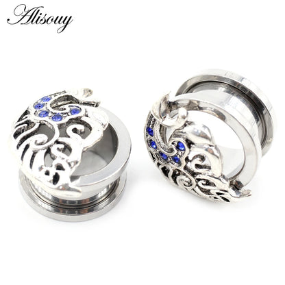 Alisouy 2pcs Stainless Steel Flower Triangle Cone Owl Zircon Star Screw Ear Tunnels Plugs Expander Gauges Body Piercing Jewelry