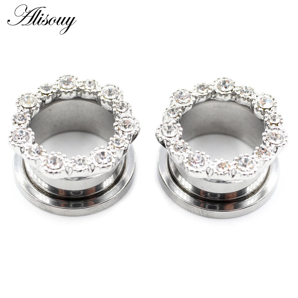 Alisouy 2pcs Stainless Steel Flower Zirconia Moon Star Clock Heart Screw Ear Tunnels Plugs Expander Gauges Body Piercing Jewelry