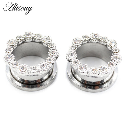 Alisouy 2pcs Stainless Steel Flower Zirconia Moon Star Clock Heart Screw Ear Tunnels Plugs Expander Gauges Body Piercing Jewelry