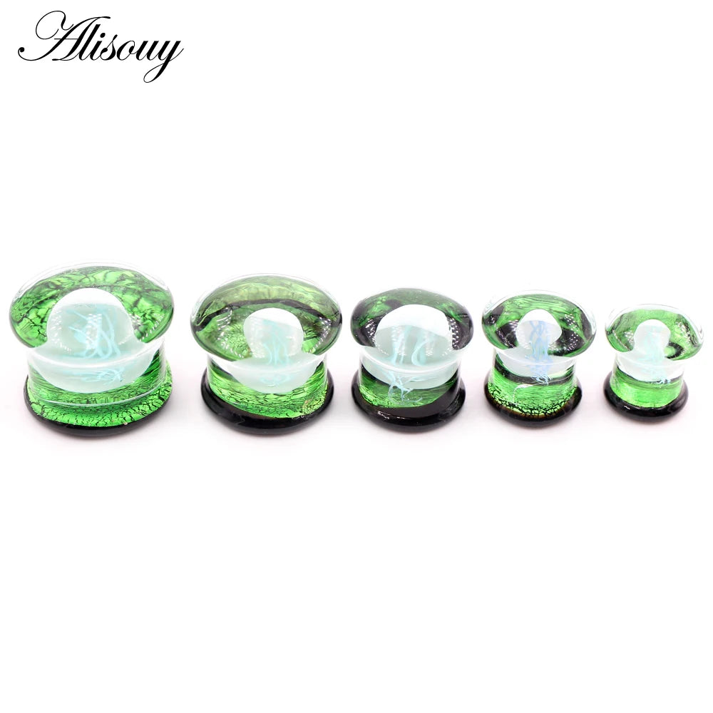 Alisouy 2pcs Transparent Round Glass Luminous Jellyfish Ear Gauges Tunnels Plugs Flesh Stretcher Expander Piercing Body Jewelry