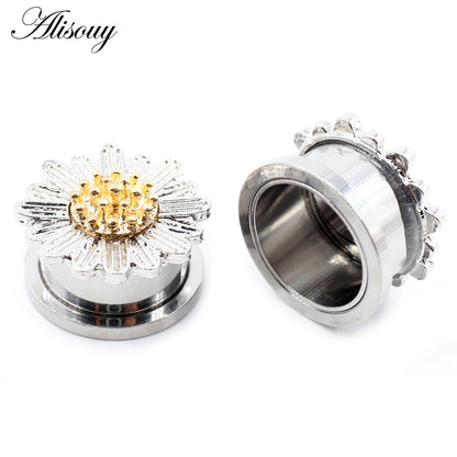 Alisouy 2pcs Stainless Steel Flower Zirconia Moon Star Clock Heart Screw Ear Tunnels Plugs Expander Gauges Body Piercing Jewelry