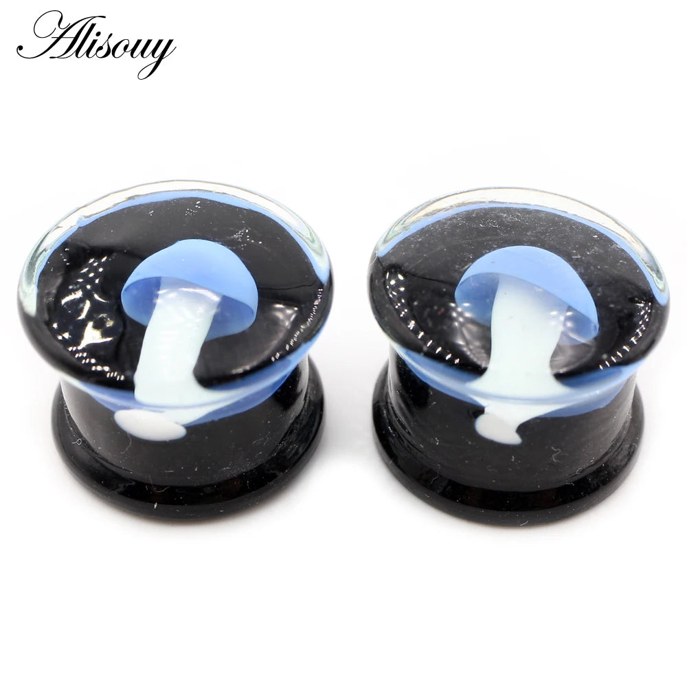 Alisouy 2pcs Transparent Round Glass Luminous Jellyfish Ear Gauges Tunnels Plugs Flesh Stretcher Expander Piercing Body Jewelry