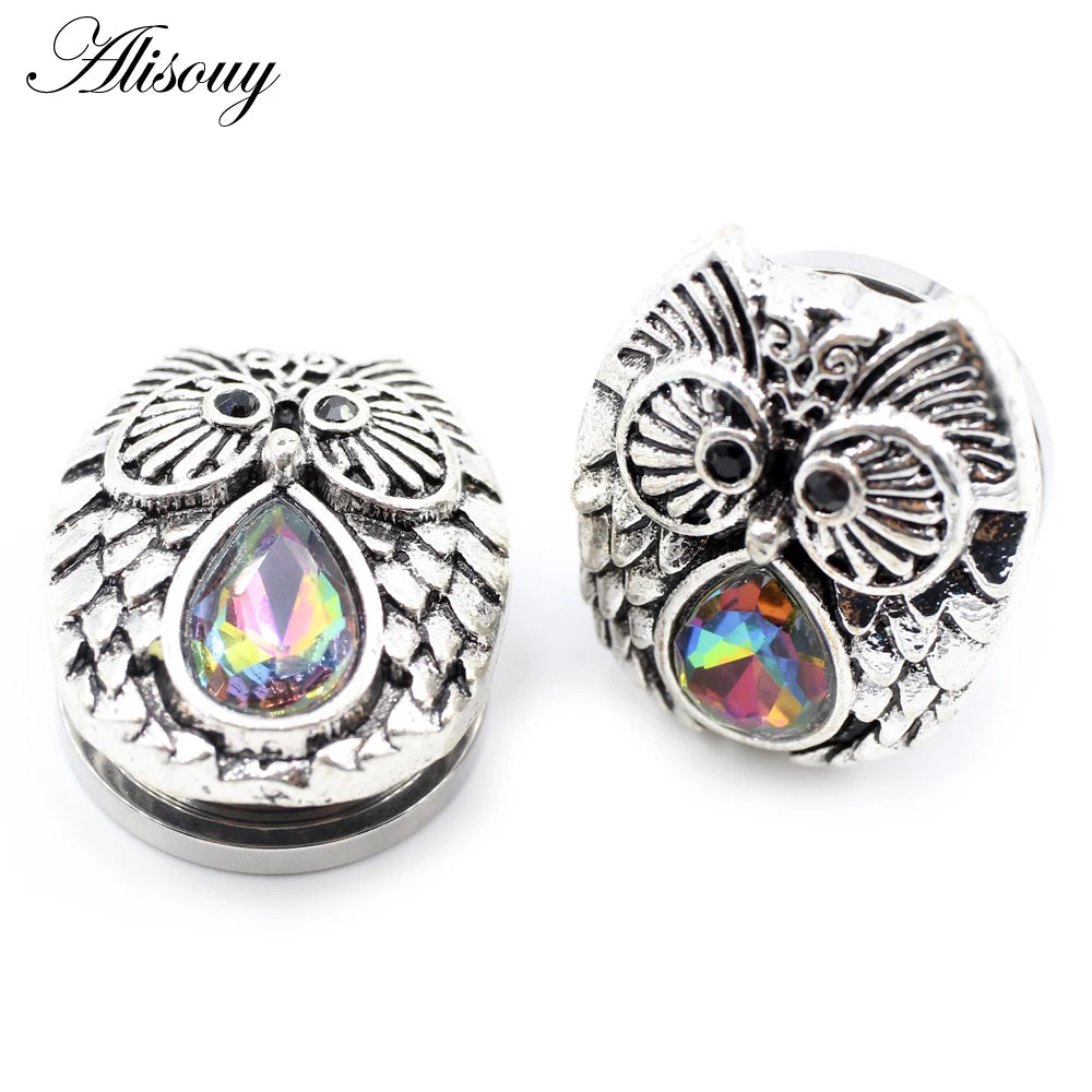 Alisouy 2pcs Stainless Steel Flower Triangle Cone Owl Zircon Star Screw Ear Tunnels Plugs Expander Gauges Body Piercing Jewelry