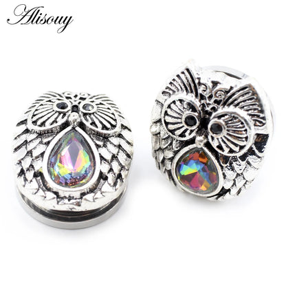 Alisouy 2pcs Stainless Steel Flower Triangle Cone Owl Zircon Star Screw Ear Tunnels Plugs Expander Gauges Body Piercing Jewelry