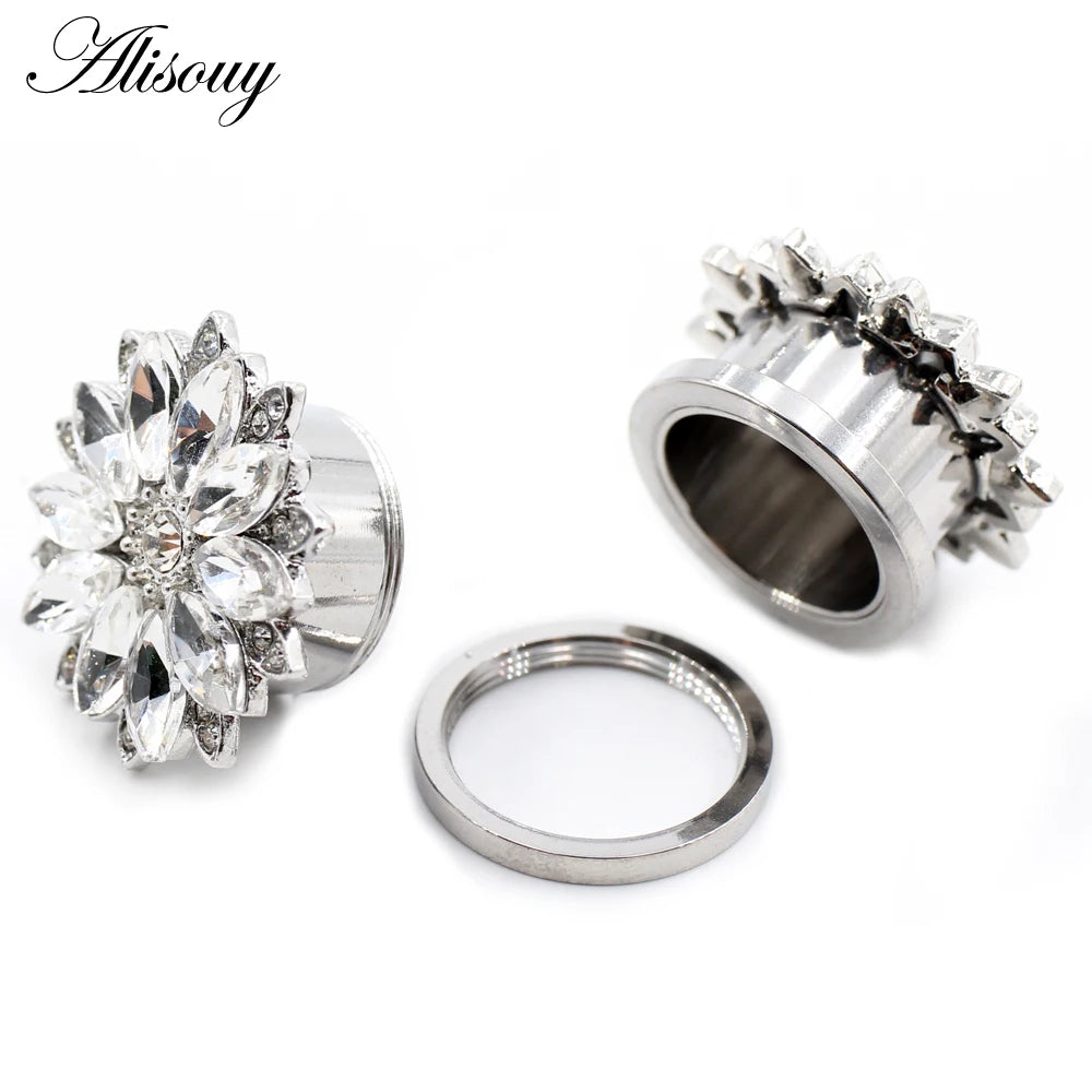 Alisouy 2pcs Stainless Steel Flower Zirconia Moon Star Clock Heart Screw Ear Tunnels Plugs Expander Gauges Body Piercing Jewelry