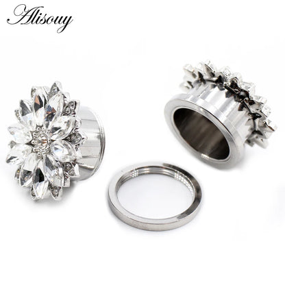 Alisouy 2pcs Stainless Steel Flower Zirconia Moon Star Clock Heart Screw Ear Tunnels Plugs Expander Gauges Body Piercing Jewelry