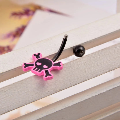 Stylish Stainless Steel Belly Button Ring with Pink Rose Skull Design