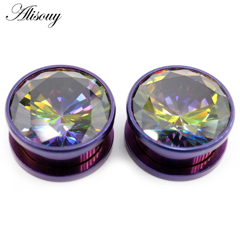 Alisouy 2pcs Stainless Steel Zirconia Crystal Screw Ear Tunnels Plugs Expander Stretcher Gauges Earrings Body Piercing Jewelry