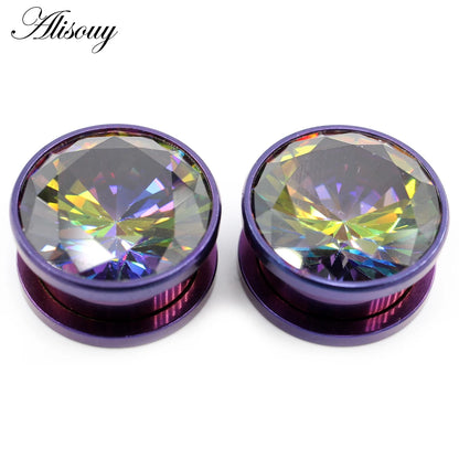 Alisouy 2pcs Stainless Steel Zirconia Crystal Screw Ear Tunnels Plugs Expander Stretcher Gauges Earrings Body Piercing Jewelry