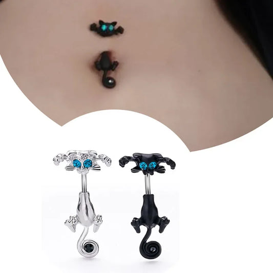Elegant Stainless Steel Cat-Shaped Belly Ring with Zircon Detailing