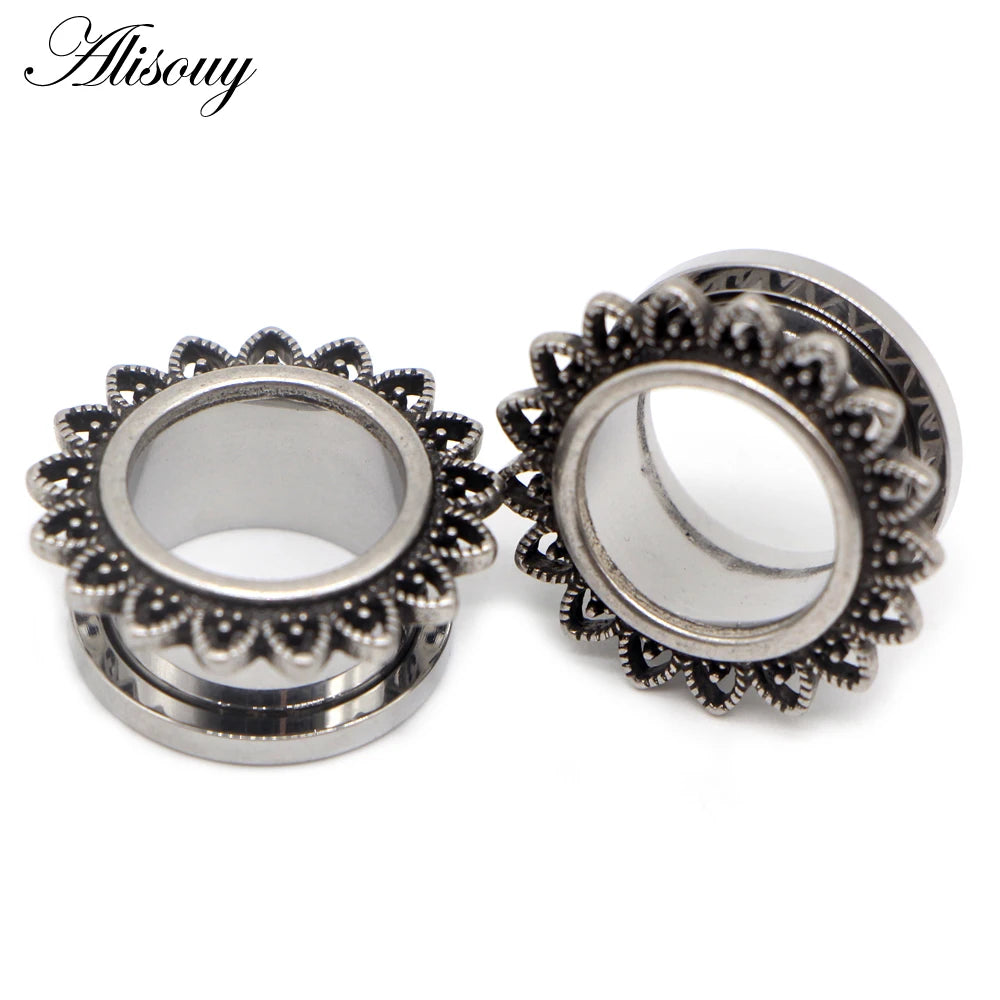 Alisouy 2pcs Stainless Steel Flower Zirconia Moon Star Clock Heart Screw Ear Tunnels Plugs Expander Gauges Body Piercing Jewelry