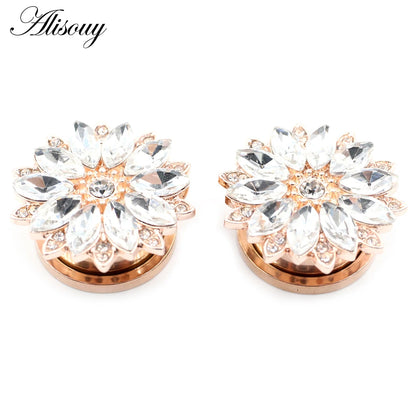 Alisouy 2pcs Stainless Steel Flower Zirconia Moon Star Clock Heart Screw Ear Tunnels Plugs Expander Gauges Body Piercing Jewelry