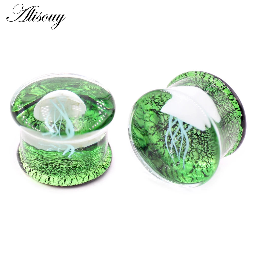 Alisouy 2pcs Transparent Round Glass Luminous Jellyfish Ear Gauges Tunnels Plugs Flesh Stretcher Expander Piercing Body Jewelry
