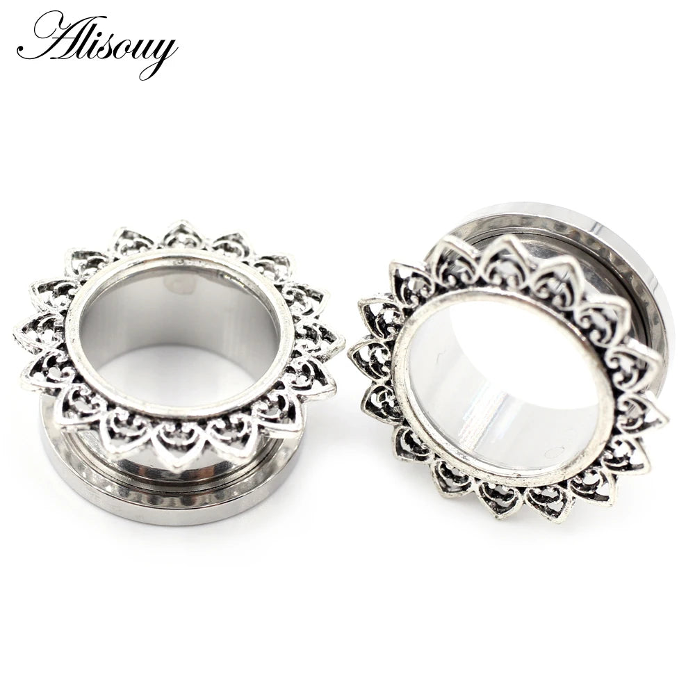 Alisouy 2pcs Stainless Steel Flower Zirconia Moon Star Clock Heart Screw Ear Tunnels Plugs Expander Gauges Body Piercing Jewelry