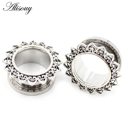 Alisouy 2pcs Stainless Steel Flower Zirconia Moon Star Clock Heart Screw Ear Tunnels Plugs Expander Gauges Body Piercing Jewelry
