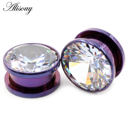 Alisouy 2pcs Stainless Steel Zirconia Crystal Screw Ear Tunnels Plugs Expander Stretcher Gauges Earrings Body Piercing Jewelry