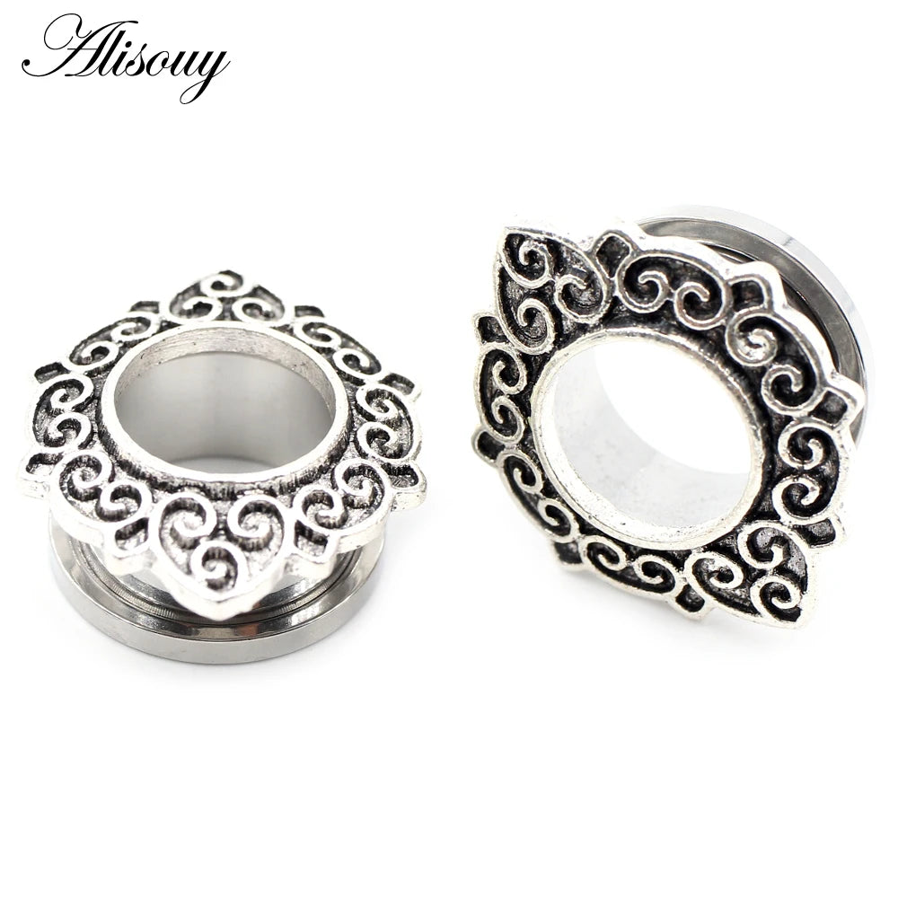 Alisouy 2pcs Stainless Steel Flower Zirconia Moon Star Clock Heart Screw Ear Tunnels Plugs Expander Gauges Body Piercing Jewelry