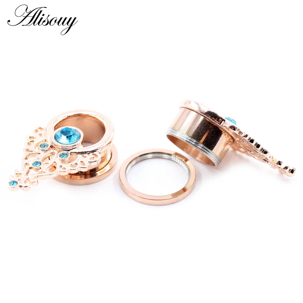 Alisouy 2pcs Stainless Steel Flower Triangle Cone Owl Zircon Star Screw Ear Tunnels Plugs Expander Gauges Body Piercing Jewelry