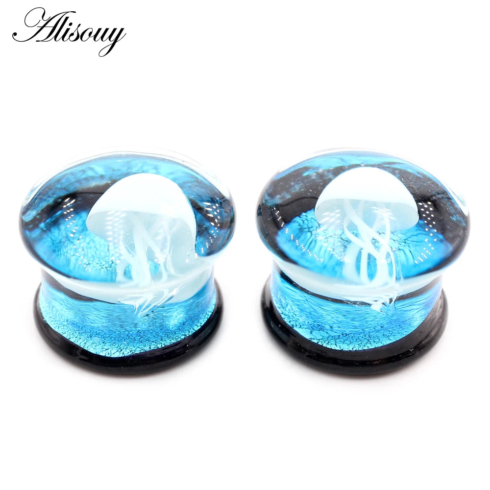Alisouy 2pcs Transparent Round Glass Luminous Jellyfish Ear Gauges Tunnels Plugs Flesh Stretcher Expander Piercing Body Jewelry