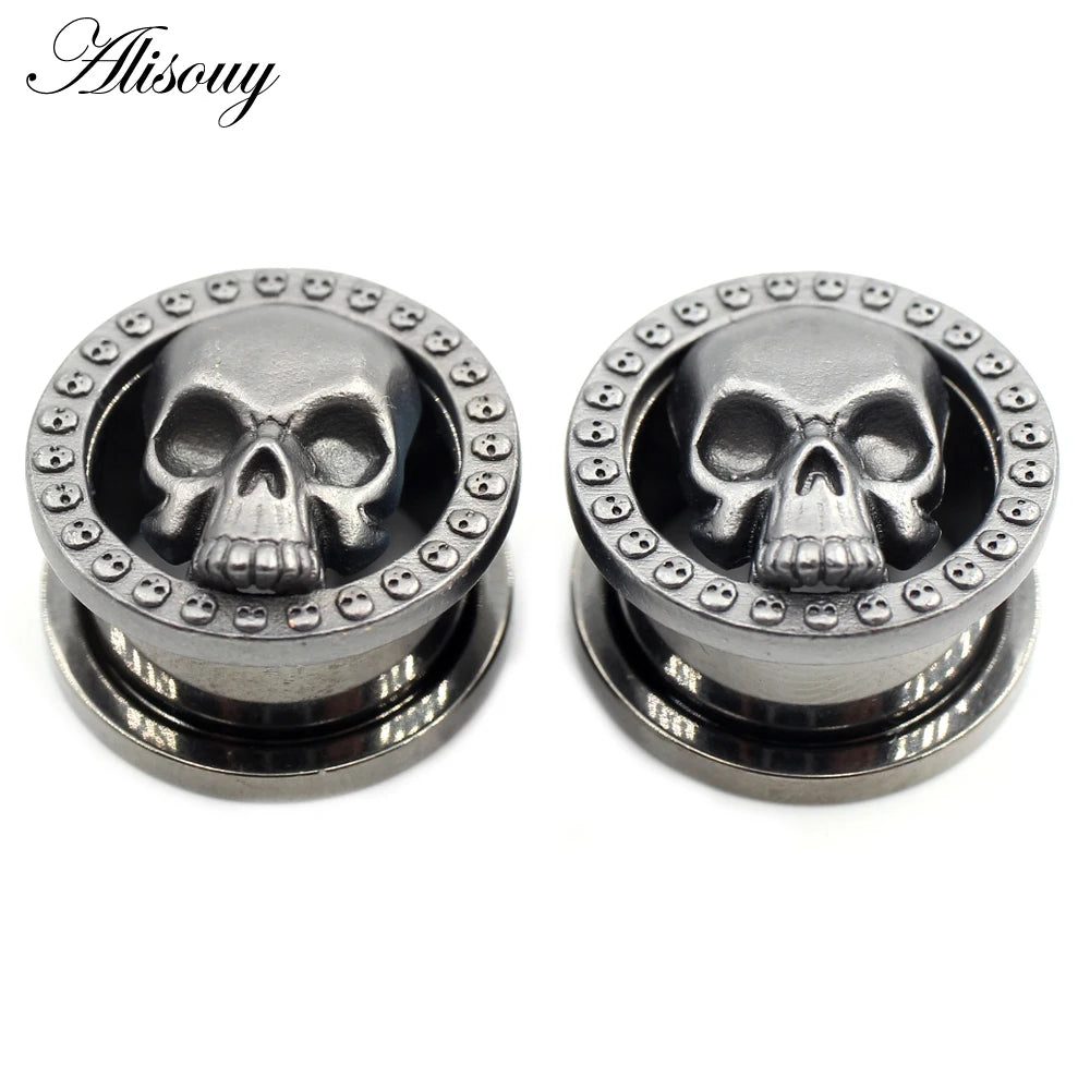 Alisouy 2PCS 8-25mm Stainless Steel Skull Screw Round Ear Gauges Tunnels Plugs Expander Stretcher Earrings Piercing Body Jewelry
