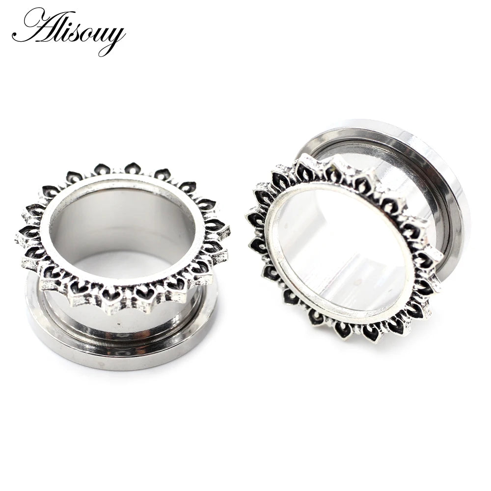 Alisouy 2pcs Stainless Steel Flower Zirconia Moon Star Clock Heart Screw Ear Tunnels Plugs Expander Gauges Body Piercing Jewelry