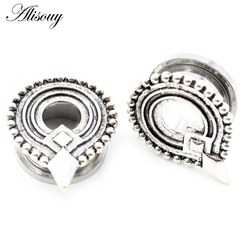 Alisouy 2pcs Stainless Steel Flower Triangle Cone Owl Zircon Star Screw Ear Tunnels Plugs Expander Gauges Body Piercing Jewelry