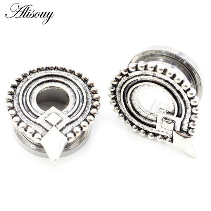 Alisouy 2pcs Stainless Steel Flower Triangle Cone Owl Zircon Star Screw Ear Tunnels Plugs Expander Gauges Body Piercing Jewelry
