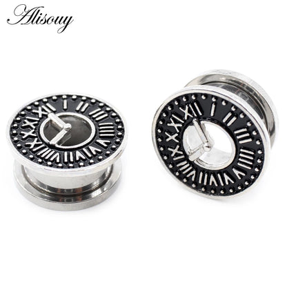 Alisouy 2pcs Stainless Steel Flower Zirconia Moon Star Clock Heart Screw Ear Tunnels Plugs Expander Gauges Body Piercing Jewelry
