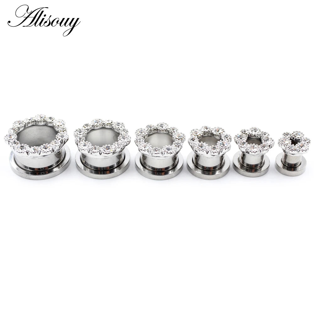 Alisouy 2pcs Stainless Steel Flower Zirconia Moon Star Clock Heart Screw Ear Tunnels Plugs Expander Gauges Body Piercing Jewelry
