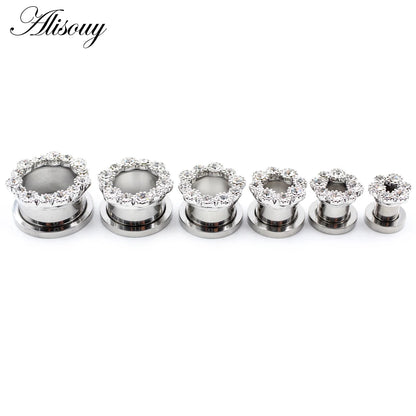 Alisouy 2pcs Stainless Steel Flower Zirconia Moon Star Clock Heart Screw Ear Tunnels Plugs Expander Gauges Body Piercing Jewelry