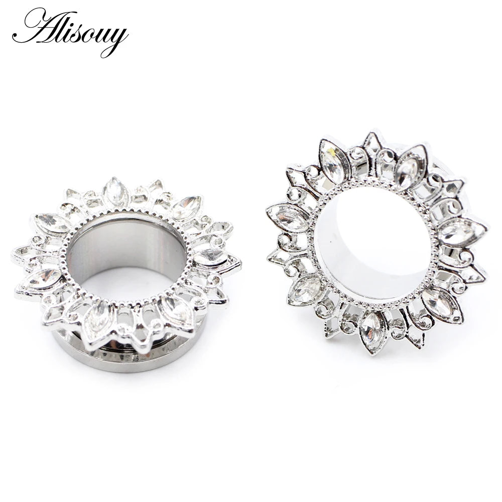 Alisouy 2pcs Stainless Steel Flower Zirconia Moon Star Clock Heart Screw Ear Tunnels Plugs Expander Gauges Body Piercing Jewelry