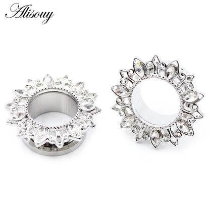 Alisouy 2pcs Stainless Steel Flower Zirconia Moon Star Clock Heart Screw Ear Tunnels Plugs Expander Gauges Body Piercing Jewelry