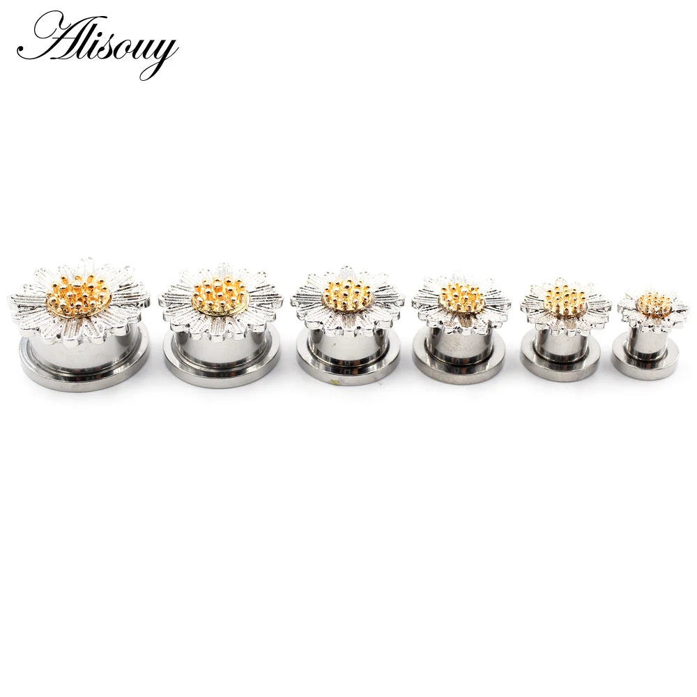 Alisouy 2pcs Stainless Steel Flower Zirconia Moon Star Clock Heart Screw Ear Tunnels Plugs Expander Gauges Body Piercing Jewelry