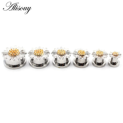 Alisouy 2pcs Stainless Steel Flower Zirconia Moon Star Clock Heart Screw Ear Tunnels Plugs Expander Gauges Body Piercing Jewelry
