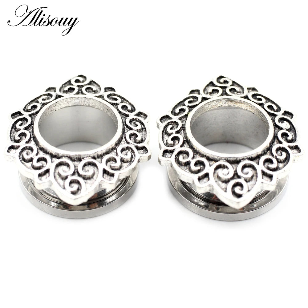 Alisouy 2pcs Stainless Steel Flower Zirconia Moon Star Clock Heart Screw Ear Tunnels Plugs Expander Gauges Body Piercing Jewelry
