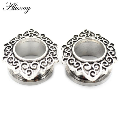 Alisouy 2pcs Stainless Steel Flower Zirconia Moon Star Clock Heart Screw Ear Tunnels Plugs Expander Gauges Body Piercing Jewelry