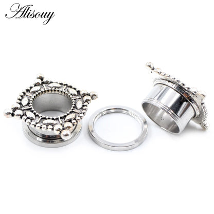 Alisouy 2pcs Stainless Steel Flower Triangle Cone Owl Zircon Star Screw Ear Tunnels Plugs Expander Gauges Body Piercing Jewelry