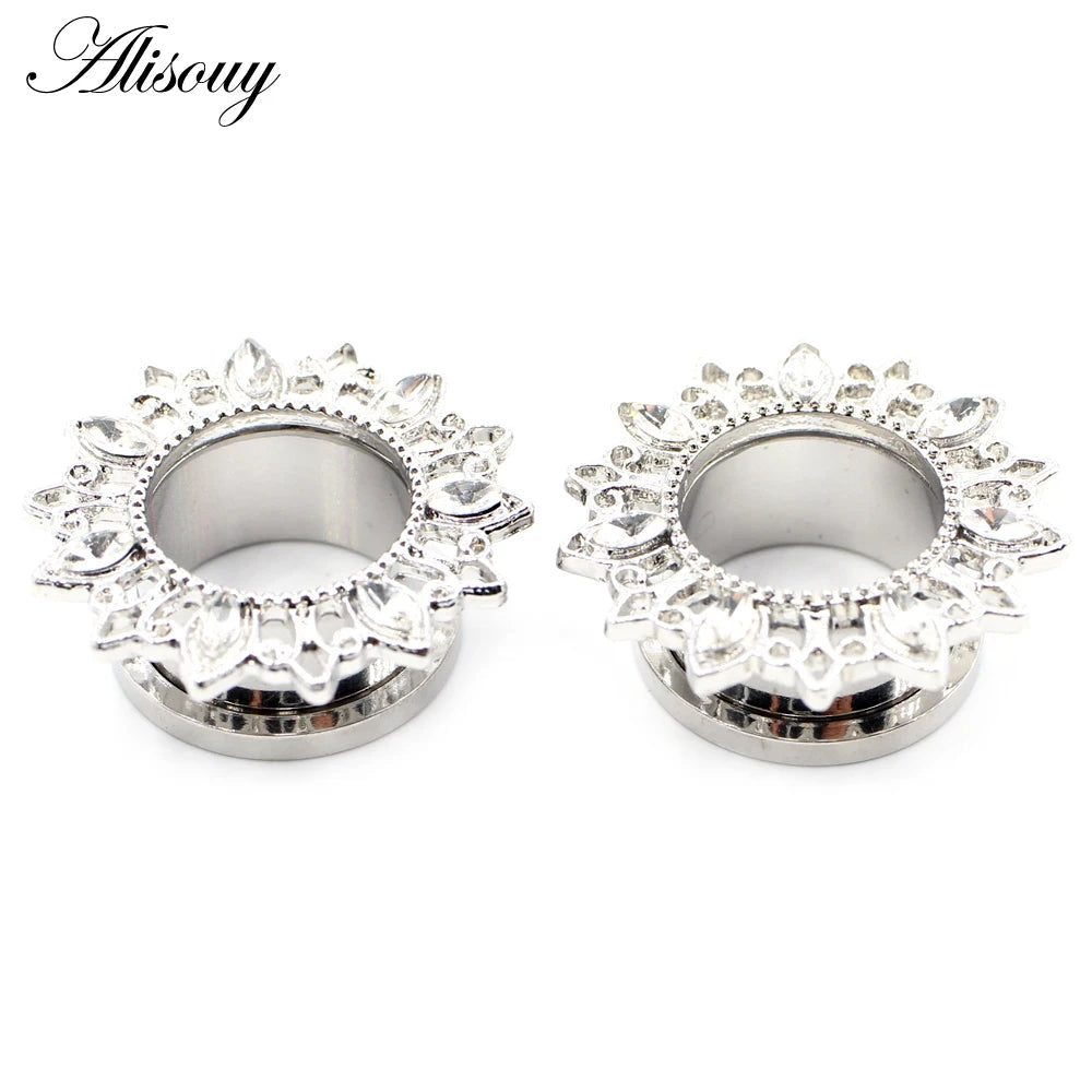 Alisouy 2pcs Stainless Steel Flower Zirconia Moon Star Clock Heart Screw Ear Tunnels Plugs Expander Gauges Body Piercing Jewelry