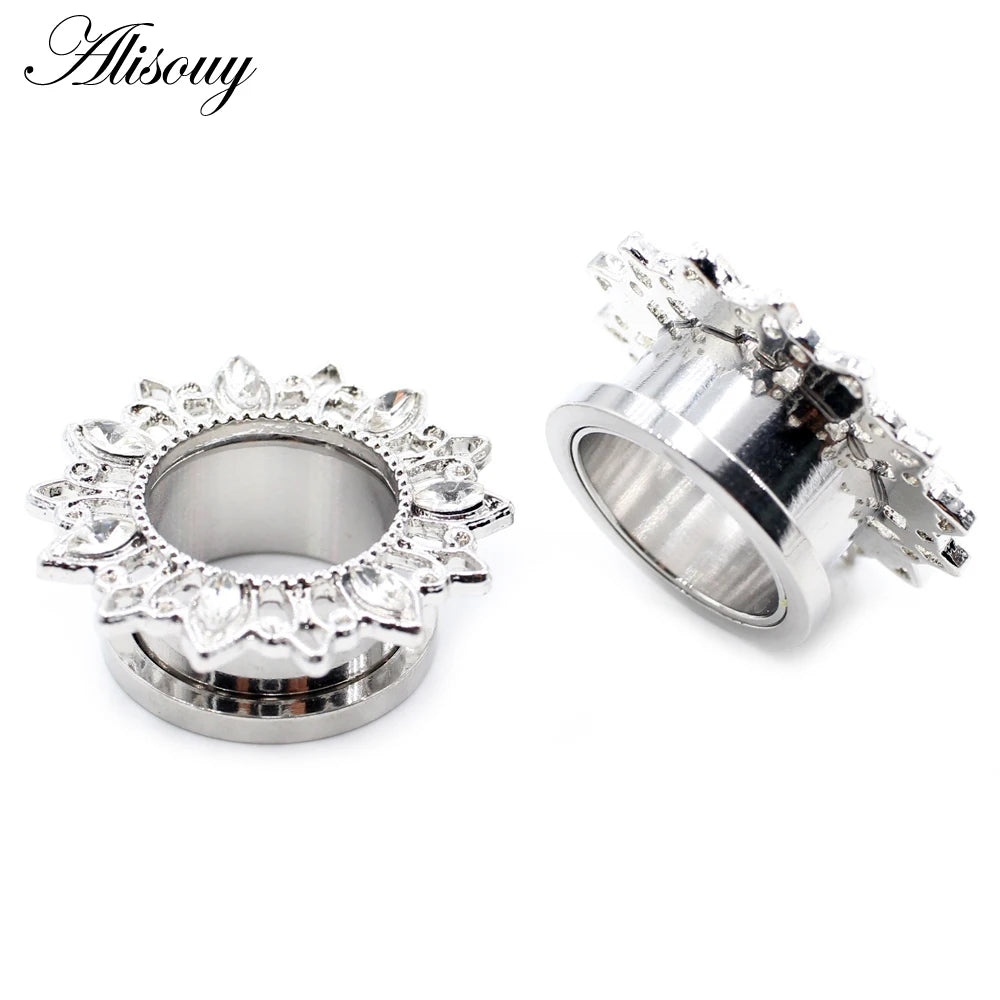 Alisouy 2pcs Stainless Steel Flower Zirconia Moon Star Clock Heart Screw Ear Tunnels Plugs Expander Gauges Body Piercing Jewelry