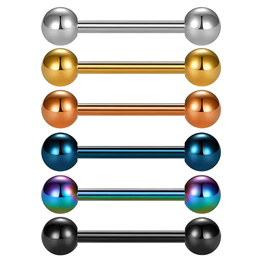 6PCS Titanium Tongue Rings Colorful Tongue Barbell Tongue Body Piercing Jewelry 12mm 14mm 16mm 18mm