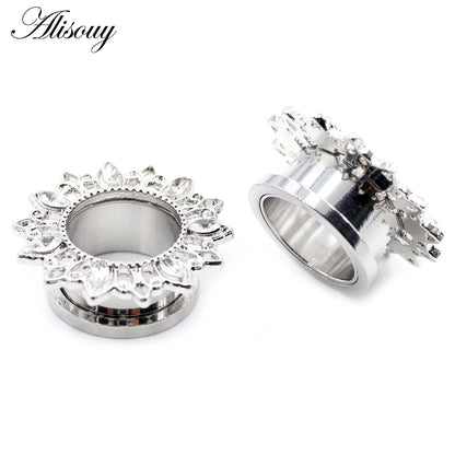 Alisouy 2pcs Stainless Steel Flower Zirconia Moon Star Clock Heart Screw Ear Tunnels Plugs Expander Gauges Body Piercing Jewelry