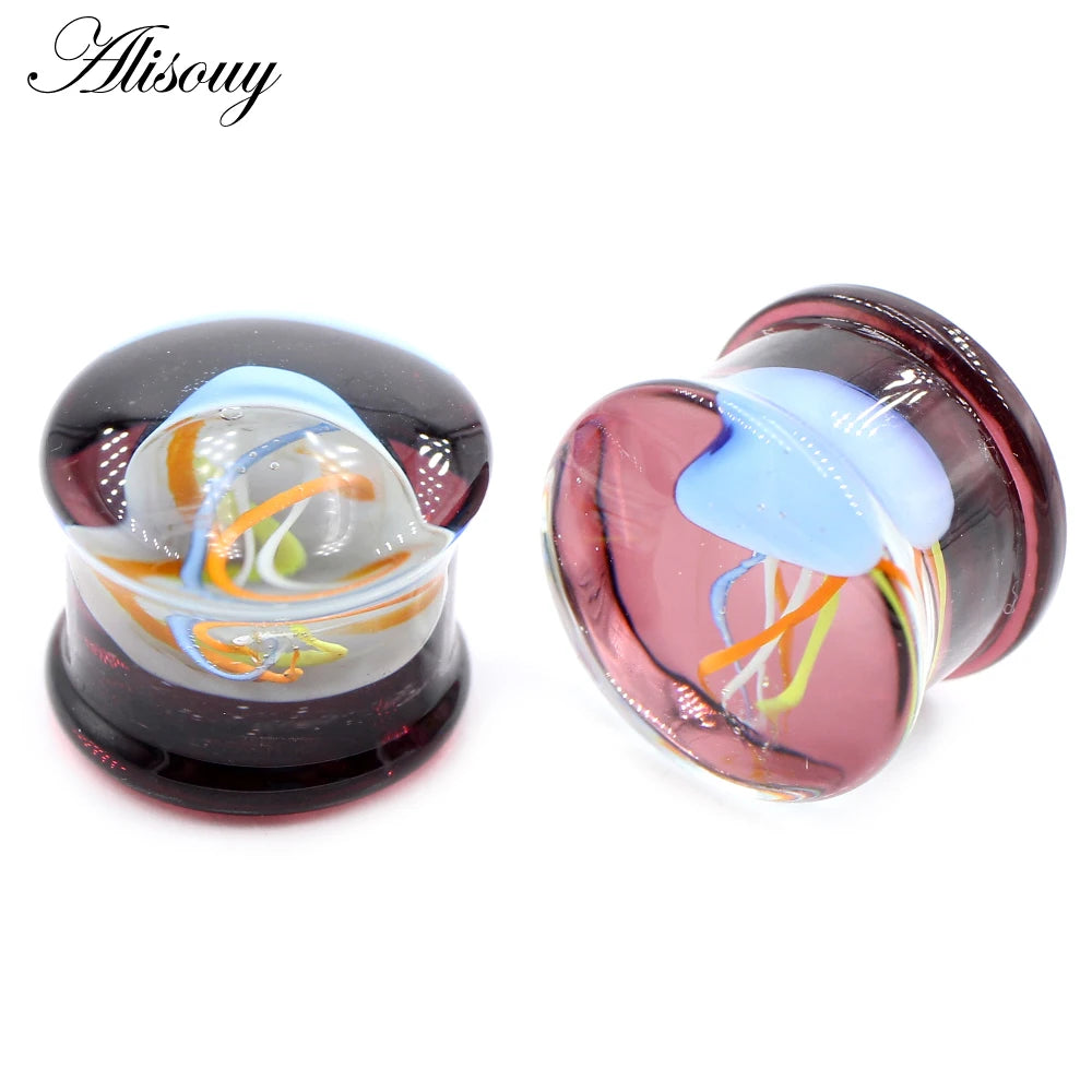 Alisouy 2pcs Transparent Round Glass Luminous Jellyfish Ear Gauges Tunnels Plugs Flesh Stretcher Expander Piercing Body Jewelry