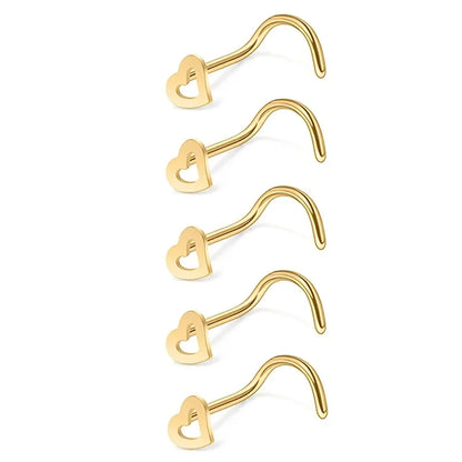 5pcs Fashion Hollow Heart Stainless Steel Nose Stud Set for Women,Nostril Piercing Nariz Pin Screw Body Jewelry