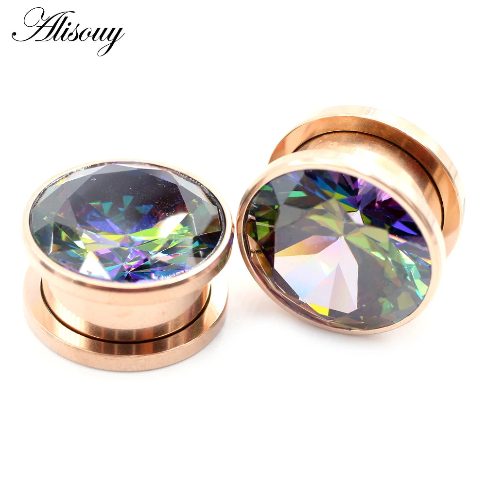 Alisouy 2pcs Stainless Steel Zirconia Crystal Screw Ear Tunnels Plugs Expander Stretcher Gauges Earrings Body Piercing Jewelry