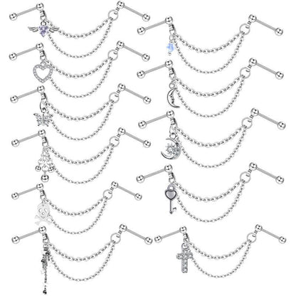 Fashion Double Piercing Chain Stud Earring Industrial Piercing Chain Earrings Tassel Cartilage Helix Jewelry