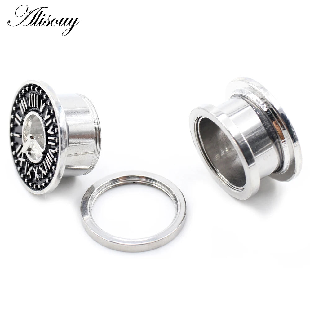 Alisouy 2pcs Stainless Steel Flower Zirconia Moon Star Clock Heart Screw Ear Tunnels Plugs Expander Gauges Body Piercing Jewelry
