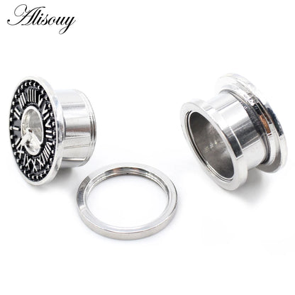 Alisouy 2pcs Stainless Steel Flower Zirconia Moon Star Clock Heart Screw Ear Tunnels Plugs Expander Gauges Body Piercing Jewelry
