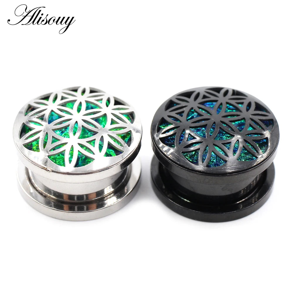 Alisouy 2pcs Retro Stainless Steel Opal Hollow Flower Ear Tunnels Plugs Expander Stretcher Gauges Earrings Body Piercing Jewelry