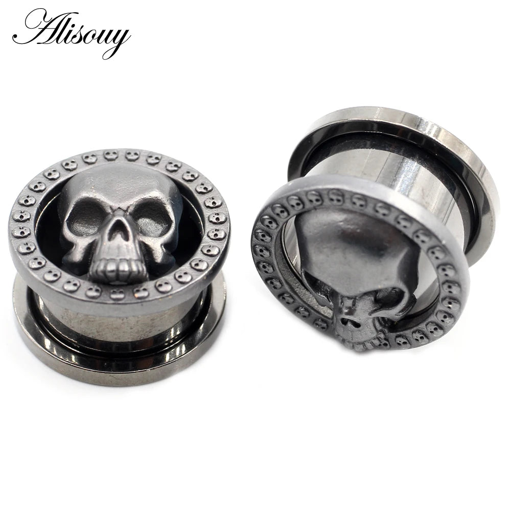 Alisouy 2PCS 8-25mm Stainless Steel Skull Screw Round Ear Gauges Tunnels Plugs Expander Stretcher Earrings Piercing Body Jewelry